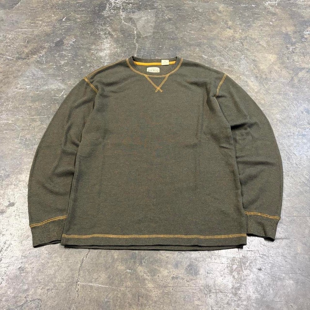 Red Head Mens Brown Waffle Knit Thermal Long Sleeve Shirt Small 2000s Vintage